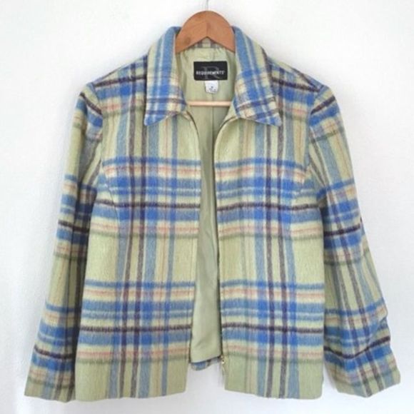 Vintage Jackets & Blazers - Vintage Wool Plaid Baby Blue & Green Shacket Coat Blazer size 6